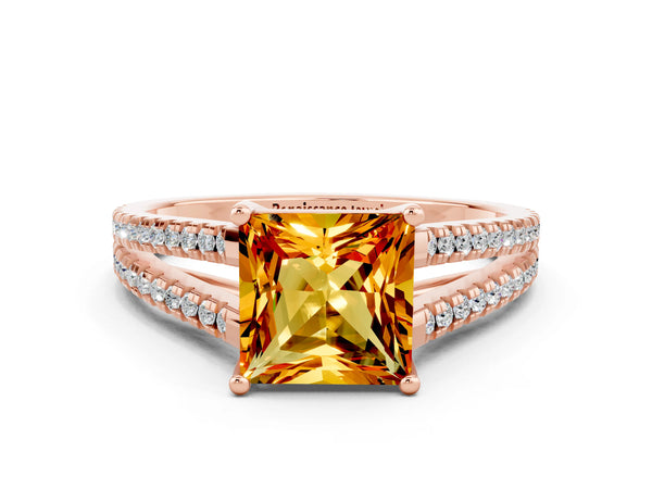 Rose gold Princess Cut Citrine Solitaire Engagement Ring with Split Shank Pavé Band