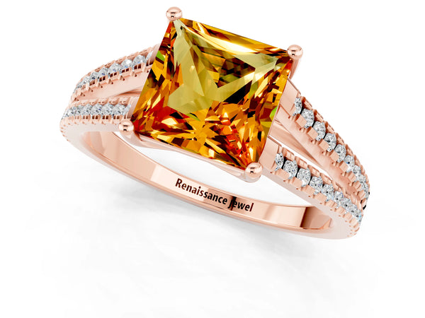 Rose gold Princess Cut Citrine Solitaire Engagement Ring with Split Shank Pavé Band