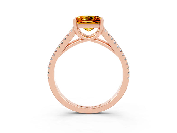 Rose gold Princess Cut Citrine Solitaire Engagement Ring with Split Shank Pavé Band