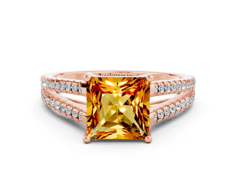 Rose gold Princess Cut Citrine Solitaire Engagement Ring with Split Shank Pavé Band