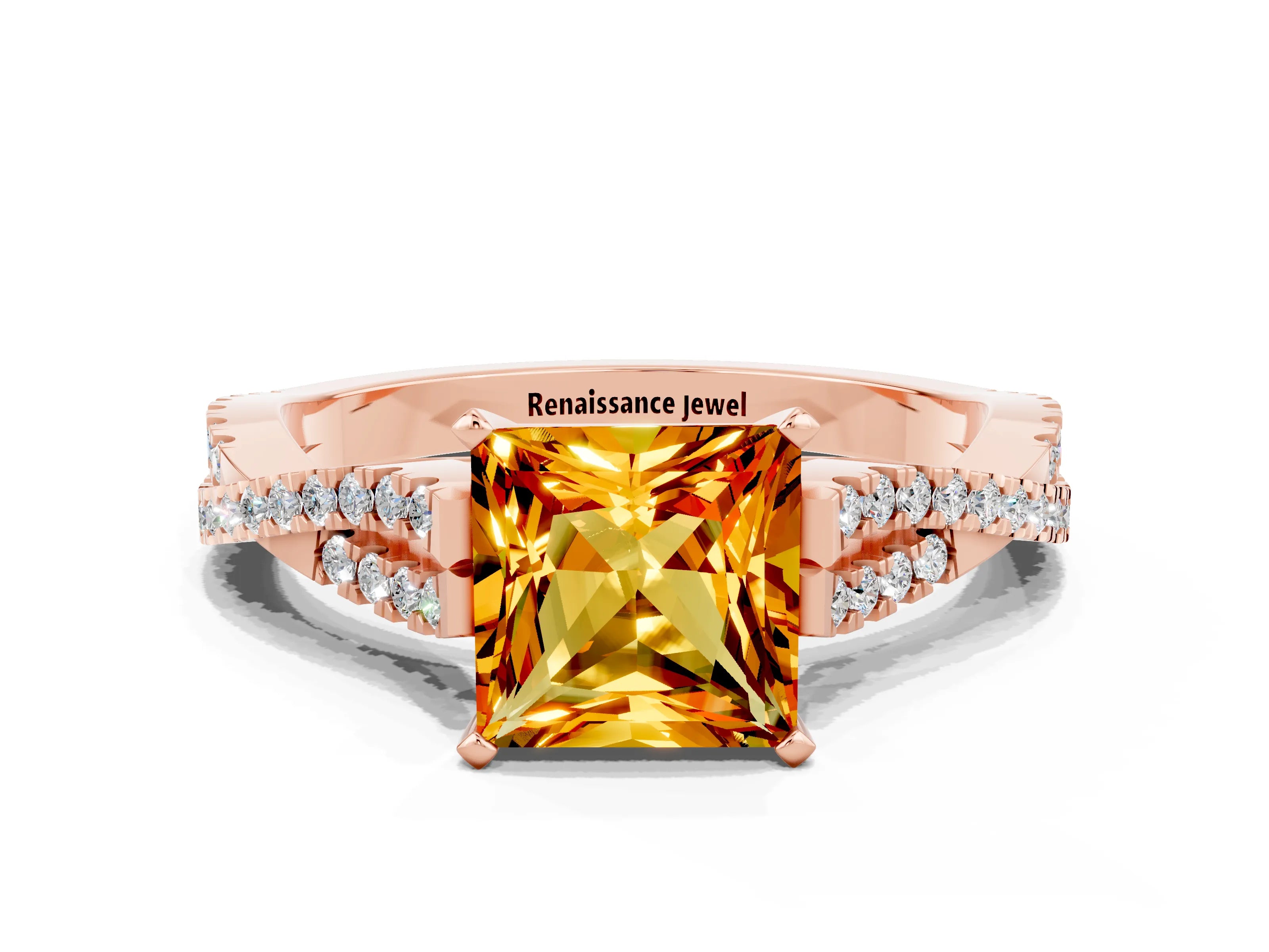 Rose gold Princess Cut Citrine Solitaire Engagement Ring with Twisted Pavé Band and Four-Prong Setting_12