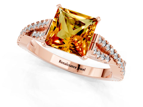 Rose gold Princess Cut Citrine Solitaire Engagement Ring with Twisted Pavé Band and Four-Prong Setting_13