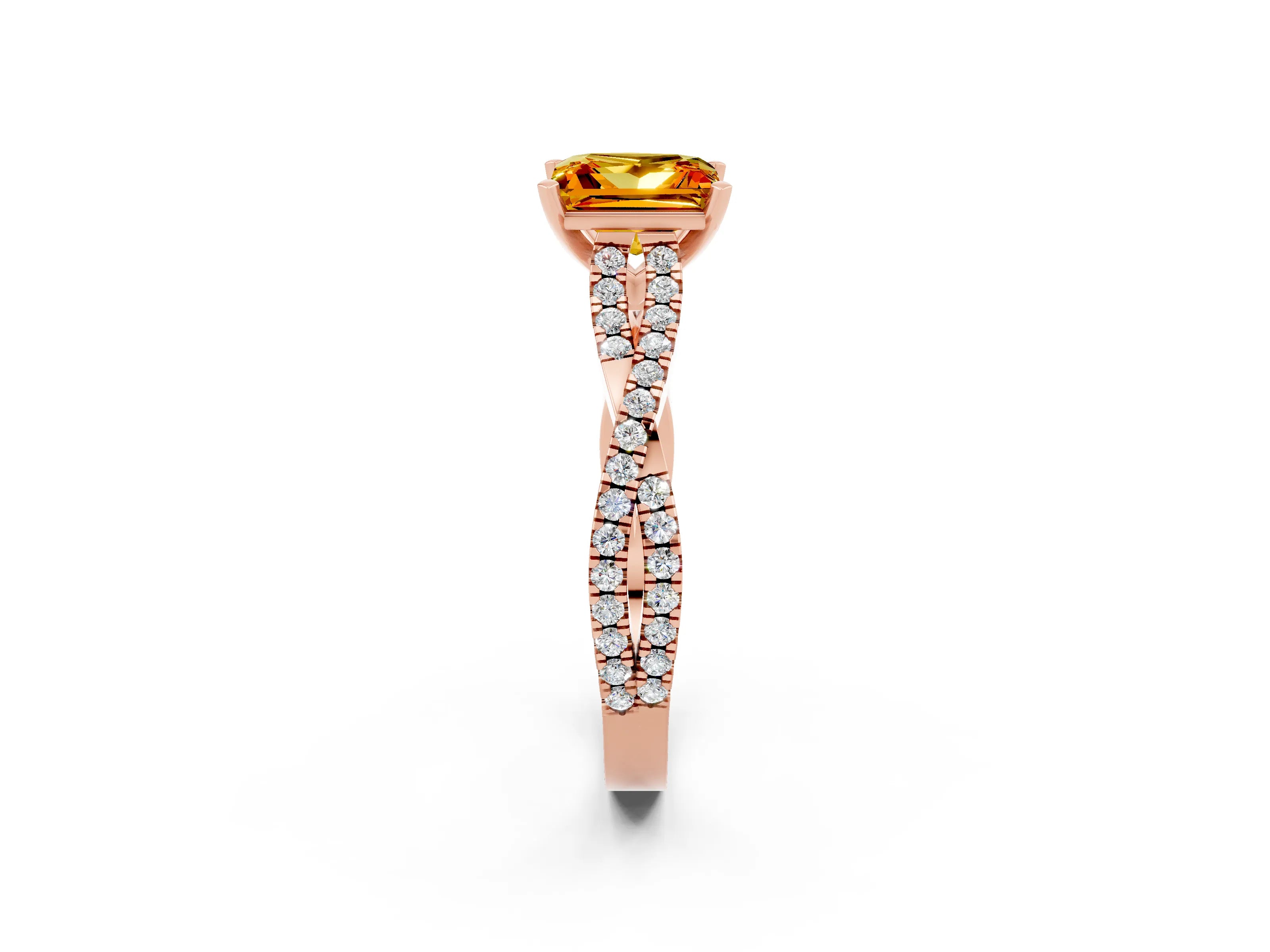 Rose gold Princess Cut Citrine Solitaire Engagement Ring with Twisted Pavé Band and Four-Prong Setting_14