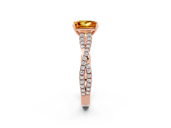 Rose gold Princess Cut Citrine Solitaire Engagement Ring with Twisted Pavé Band and Four-Prong Setting