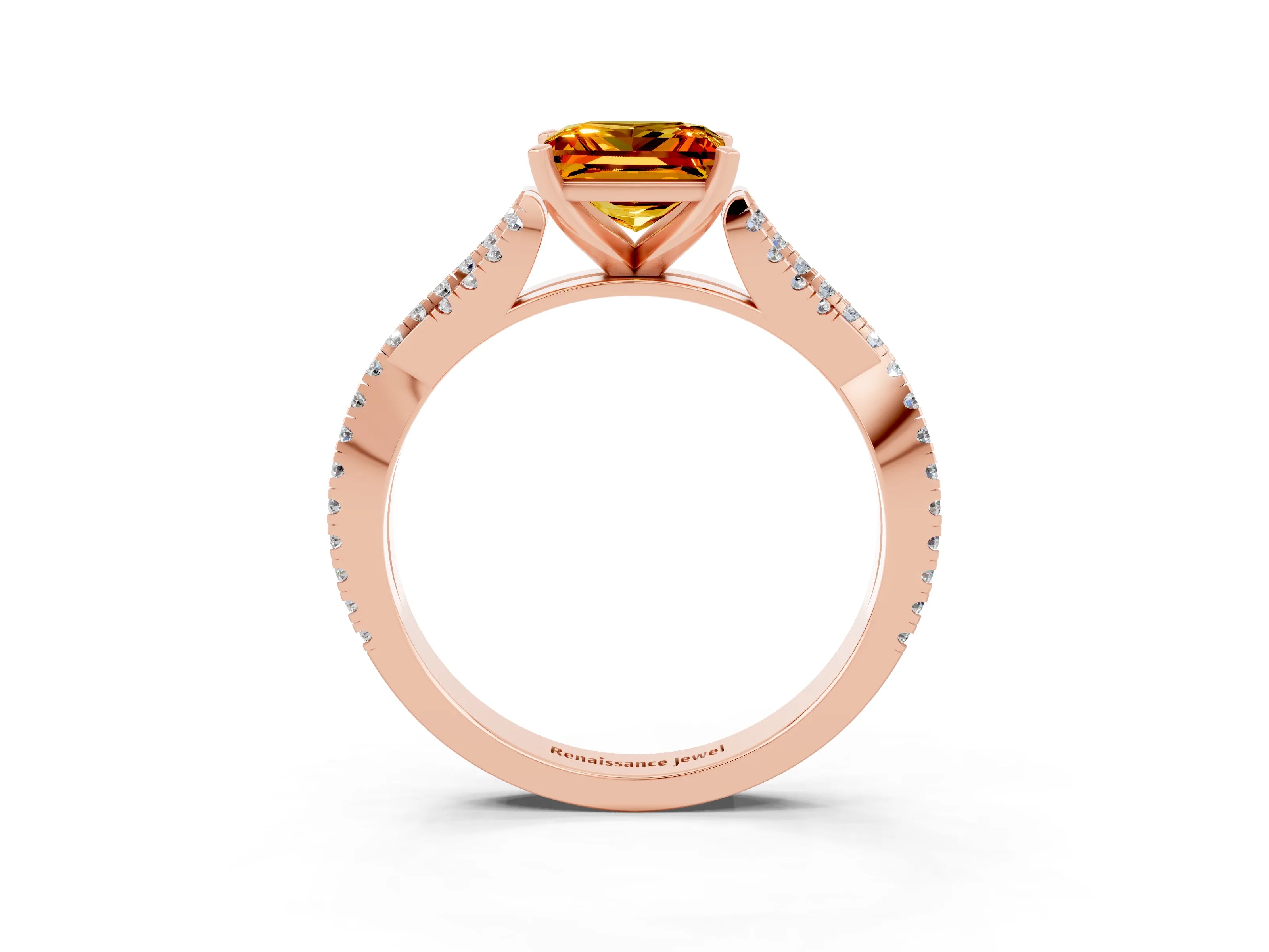 Rose gold Princess Cut Citrine Solitaire Engagement Ring with Twisted Pavé Band and Four-Prong Setting_15