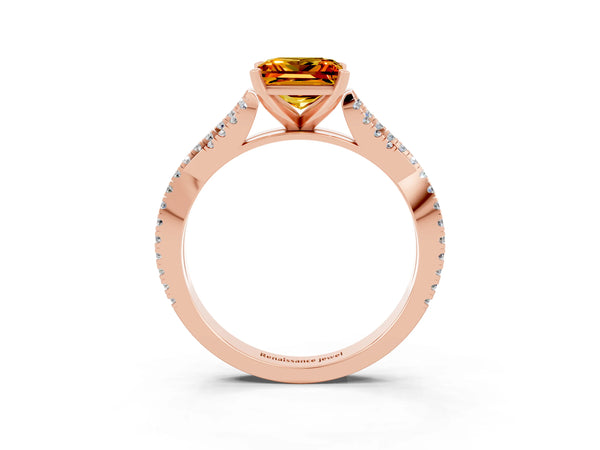 Rose gold Princess Cut Citrine Solitaire Engagement Ring with Twisted Pavé Band and Four-Prong Setting