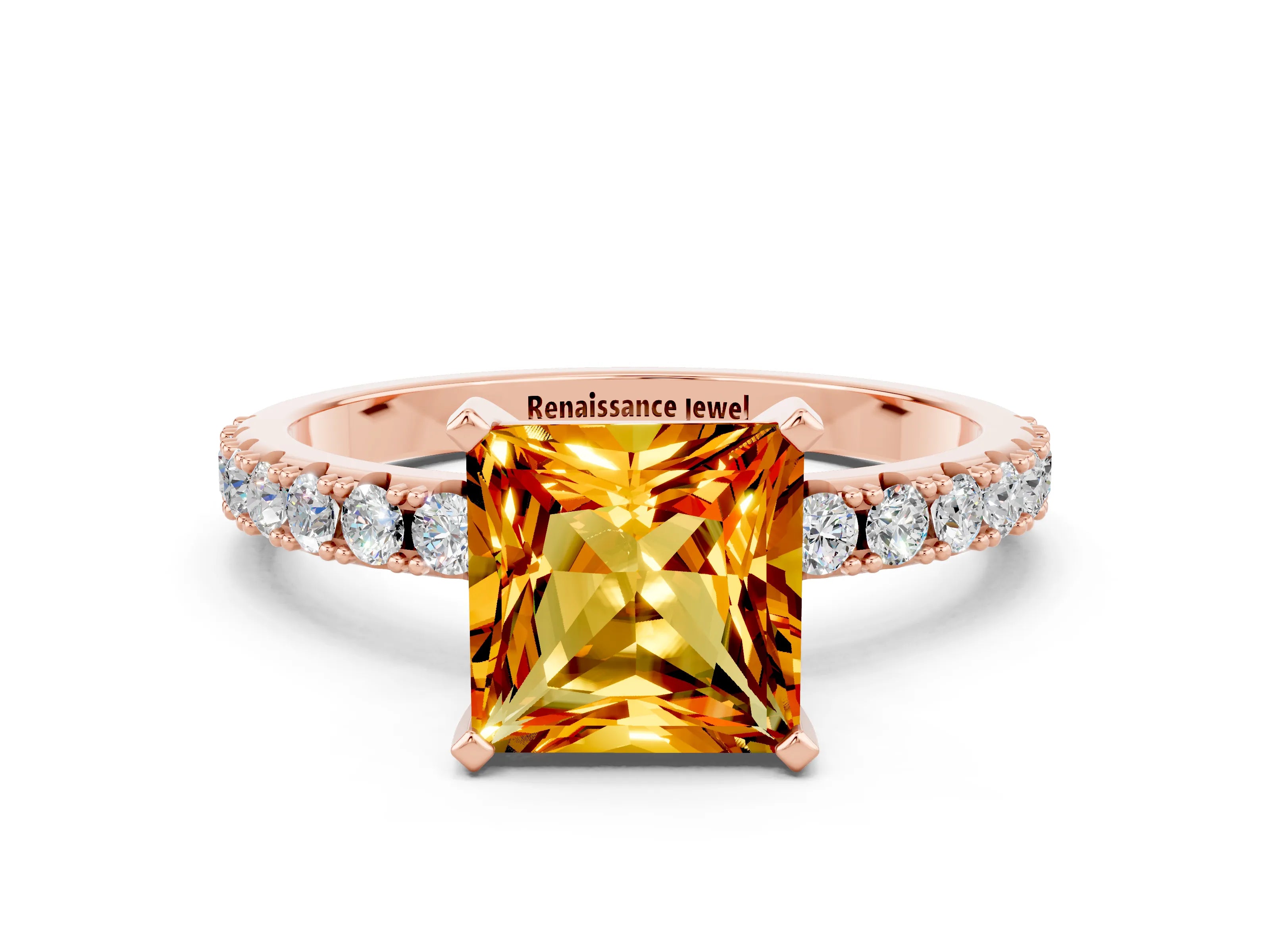Rose gold Princess Cut Citrine Solitaire Pavé Band with Four-Prong Setting