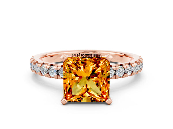 Rose gold Princess Cut Citrine Solitaire Pavé Engagement Ring with Round Band and Prong Setting