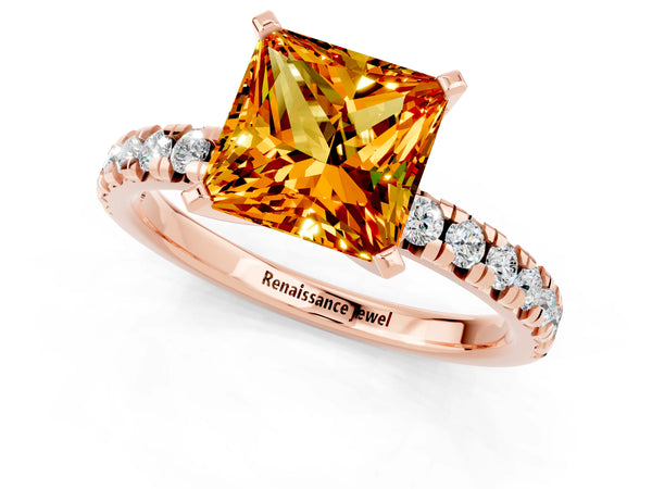 Rose gold Princess Cut Citrine Solitaire Pavé Engagement Ring with Round Band and Prong Setting