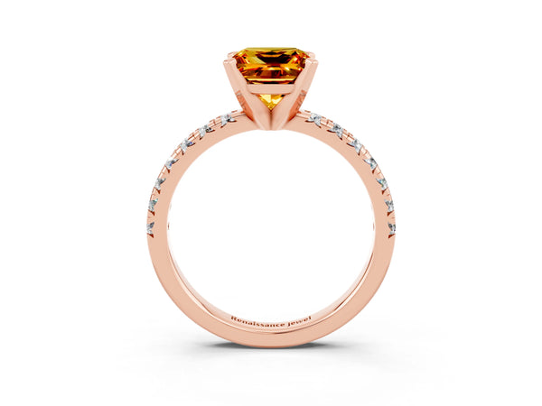 Rose gold Princess Cut Citrine Solitaire Pavé Engagement Ring with Round Band and Prong Setting