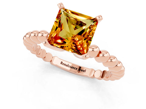 Rose gold Princess Cut Citrine Solitaire Ring with Beaded Band and Prong Setting_1