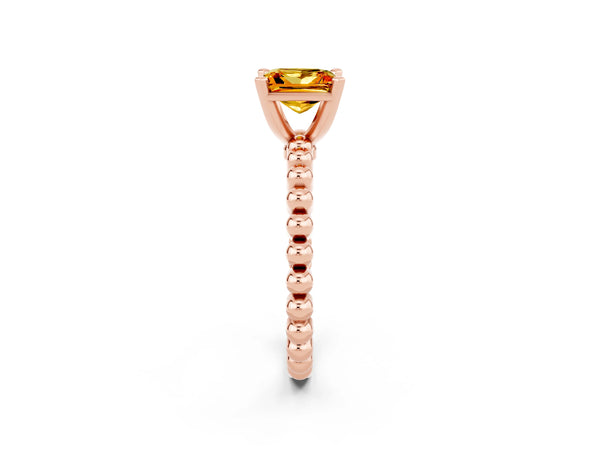 Rose gold Princess Cut Citrine Solitaire Ring with Beaded Band and Prong Setting