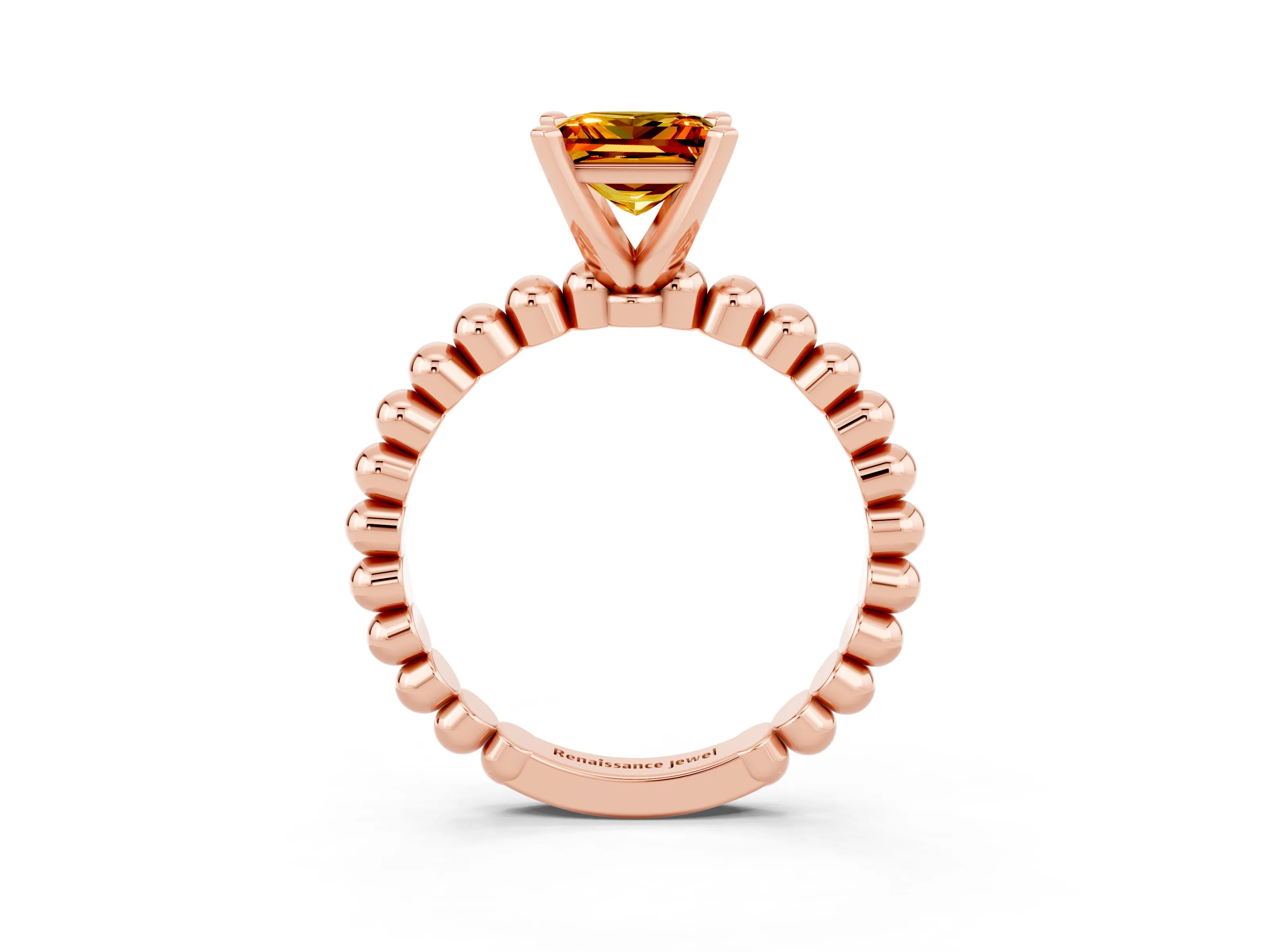 Rose gold Princess Cut Citrine Solitaire Ring with Beaded Band and Prong Setting_3