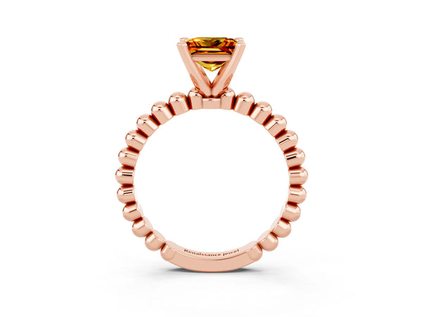 Rose gold Princess Cut Citrine Solitaire Ring with Beaded Band and Prong Setting