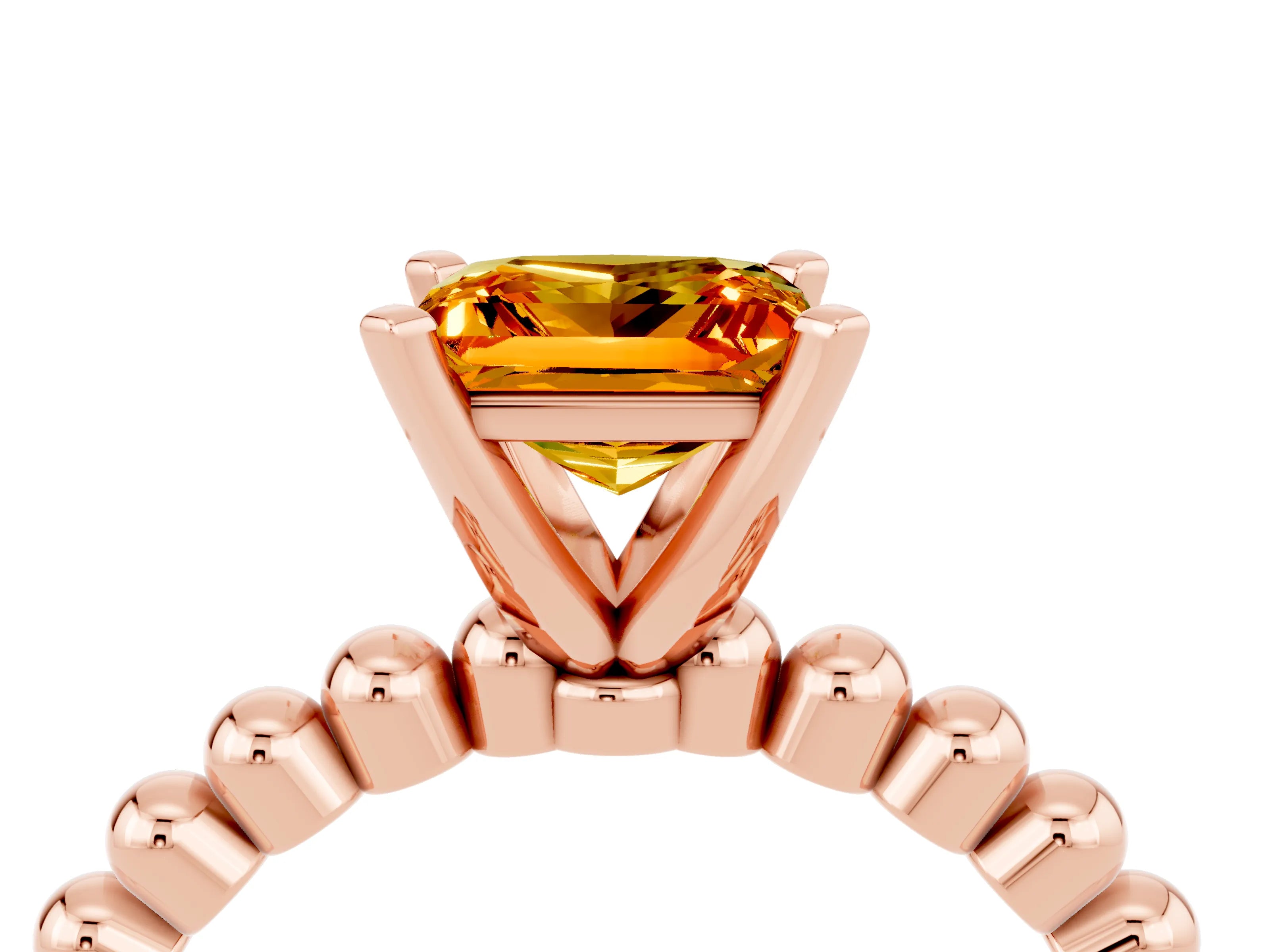 Rose gold Princess Cut Citrine Solitaire Ring with Beaded Band and Prong Setting_4