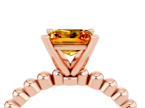 Rose gold Princess Cut Citrine Solitaire Ring with Beaded Band and Prong Setting_4