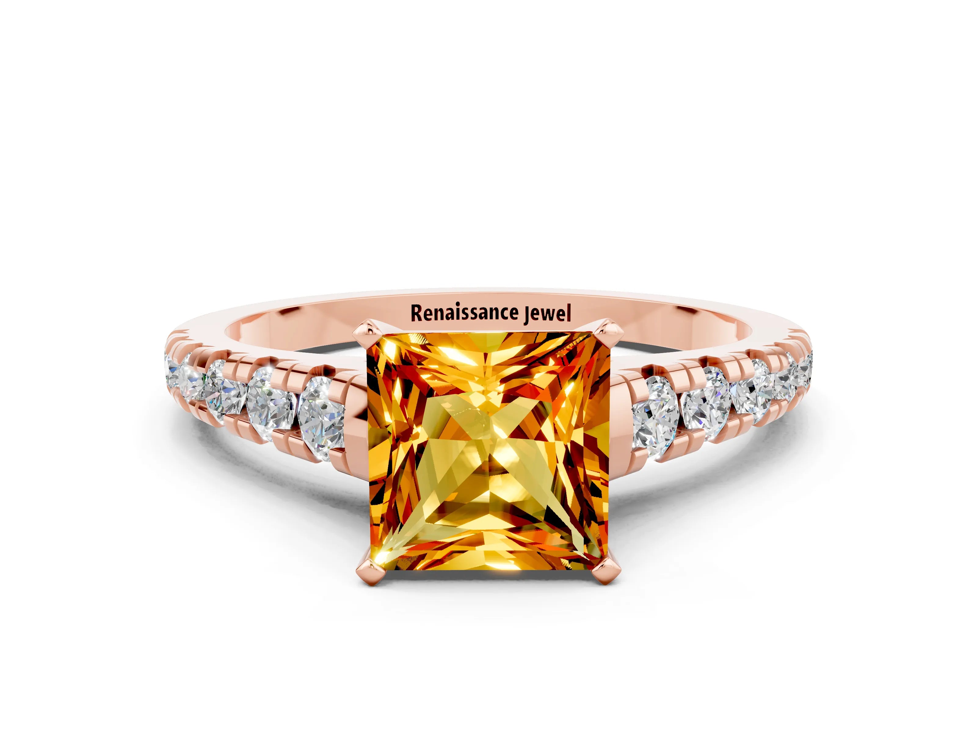 Rose gold Princess Cut Citrine Solitaire Ring with Cathedral Setting and Pavé Band
