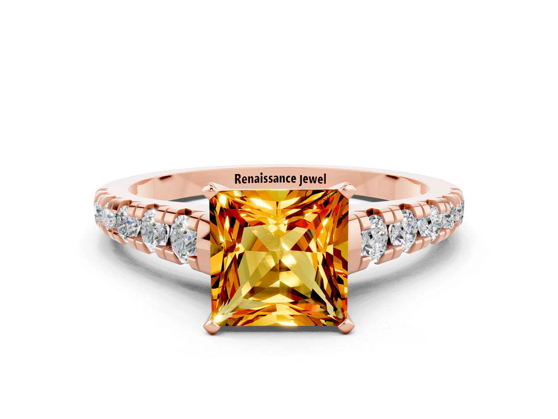 Rose gold Princess Cut Citrine Solitaire Ring with Cathedral Setting and Pavé Band