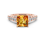 Rose gold Princess Cut Citrine Solitaire Ring with Cathedral Setting and Pavé Band