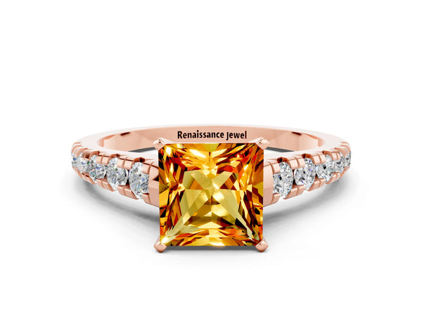 Rose gold Princess Cut Citrine Cathedral Solitaire Ring with Round  Pavé Band
