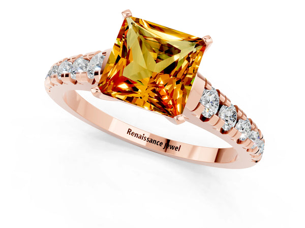 Rose gold Princess Cut Citrine Cathedral Solitaire Ring with Round  Pavé Band