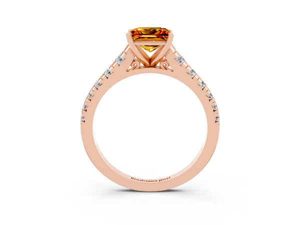 Rose gold Princess Cut Citrine Cathedral Solitaire Ring with Round  Pavé Band