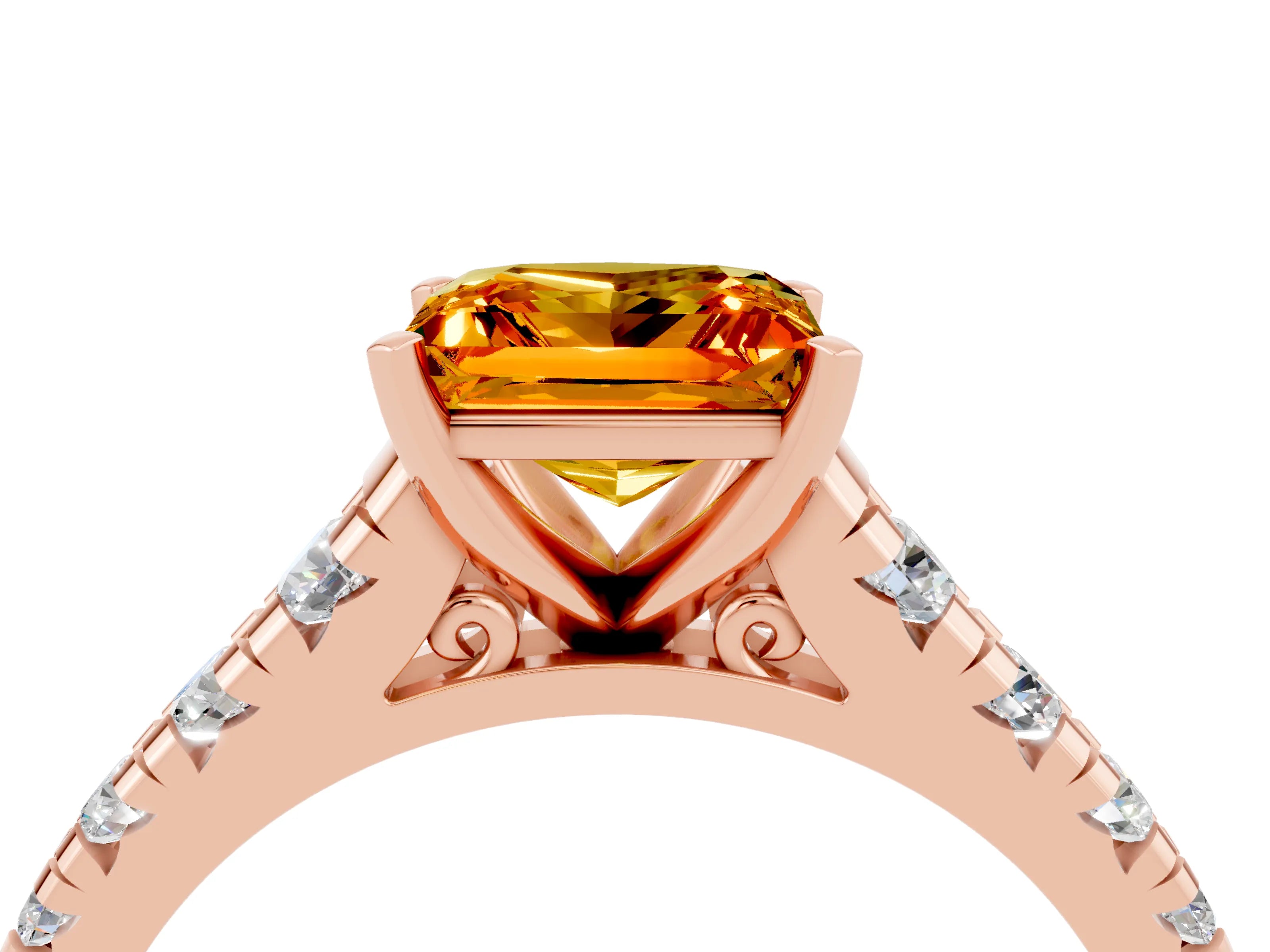 Rose gold Princess Cut Citrine Solitaire Ring with Cathedral Setting and Pavé Band_4