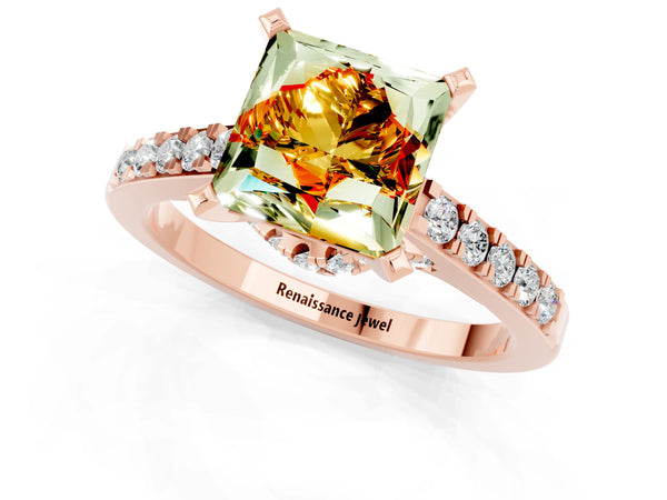 Rose gold Princess Cut Citrine Solitaire Ring with Crossover Gallery and Round  Pavé Band