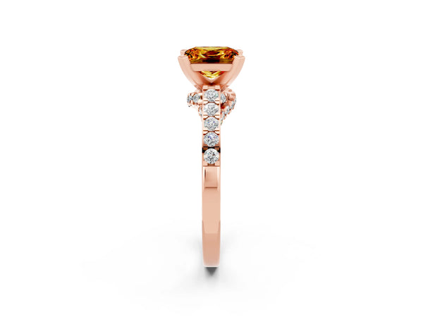 Rose gold Princess Cut Citrine Solitaire Ring with Crossover Gallery and Round  Pavé Band