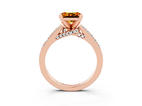 Rose gold Princess Cut Citrine Solitaire Ring with Crossover Gallery and Round  Pavé Band