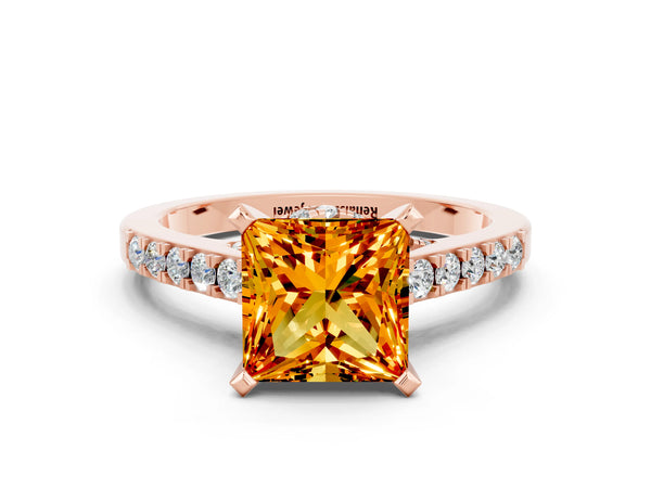 Rose gold Princess Cut Citrine Solitaire Ring with Crossover Gallery and Round  Pavé Band