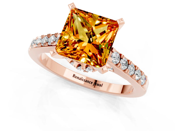 Rose gold Princess Cut Citrine Solitaire Ring with Crossover Gallery and Round  Pavé Band