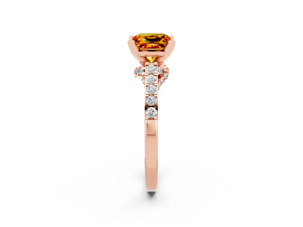 Rose gold Princess Cut Citrine Solitaire Ring with Crossover Gallery and Round  Pavé Band