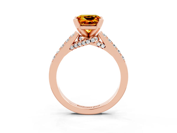 Rose gold Princess Cut Citrine Solitaire Ring with Crossover Gallery and Round  Pavé Band