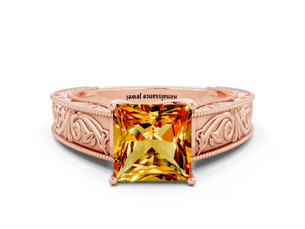 Rose gold Princess Cut Citrine Solitaire Ring with Engraved Band and Four-Prong Setting