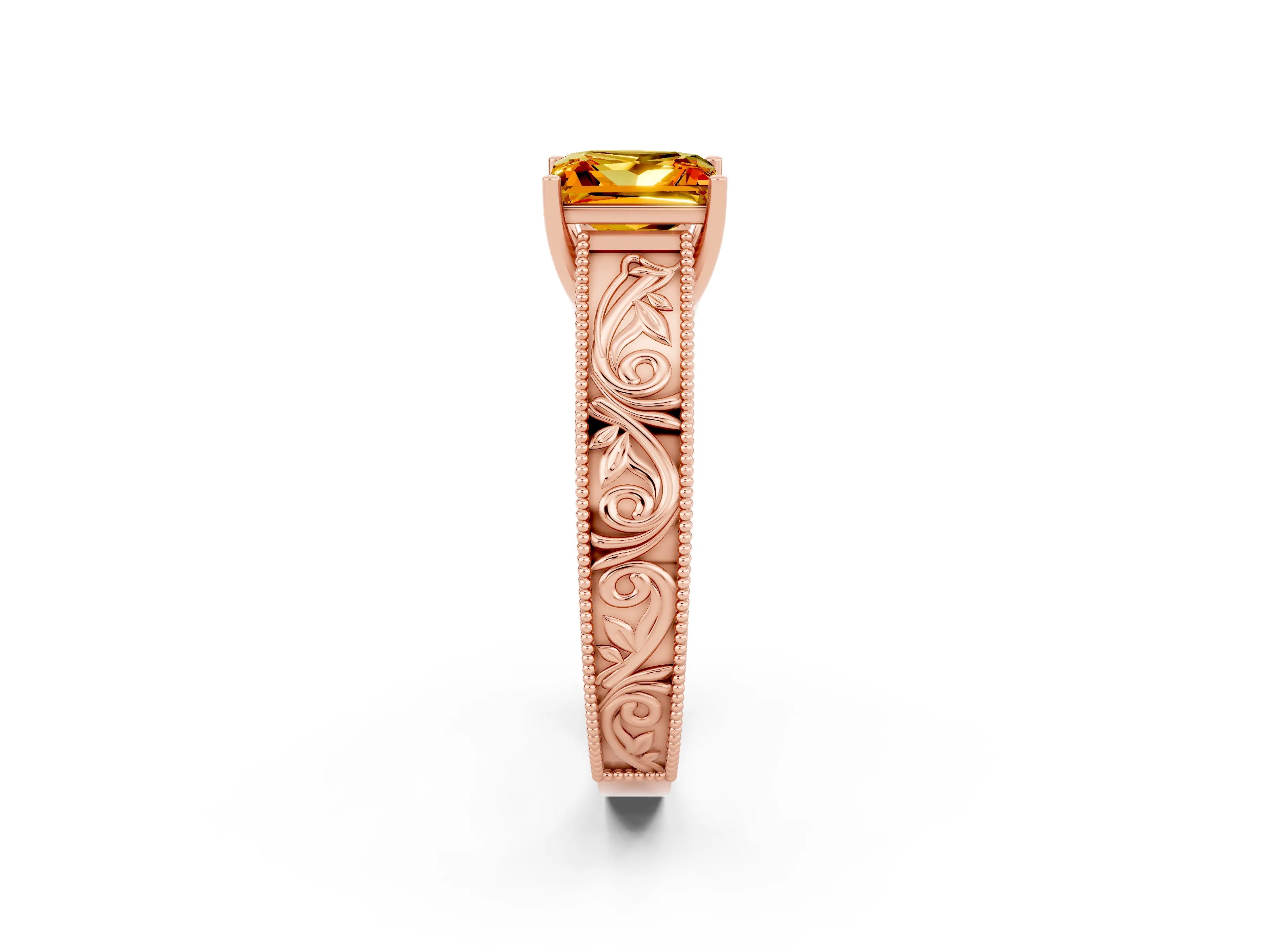 Rose gold Princess Cut Citrine Solitaire Ring with Engraved Band and Four-Prong Setting_2