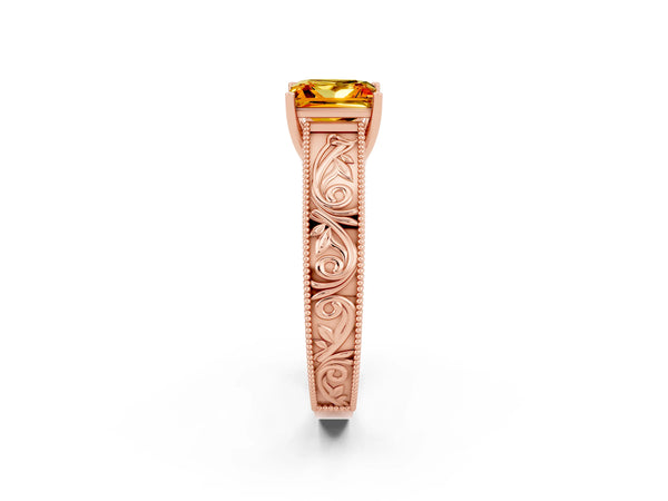 Rose gold Princess Cut Citrine Solitaire Ring with Engraved Band and Four-Prong Setting