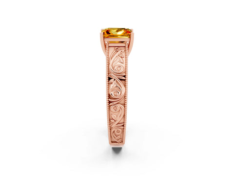 Rose gold Princess Cut Citrine Solitaire Ring with Engraved Band and Four-Prong Setting_2