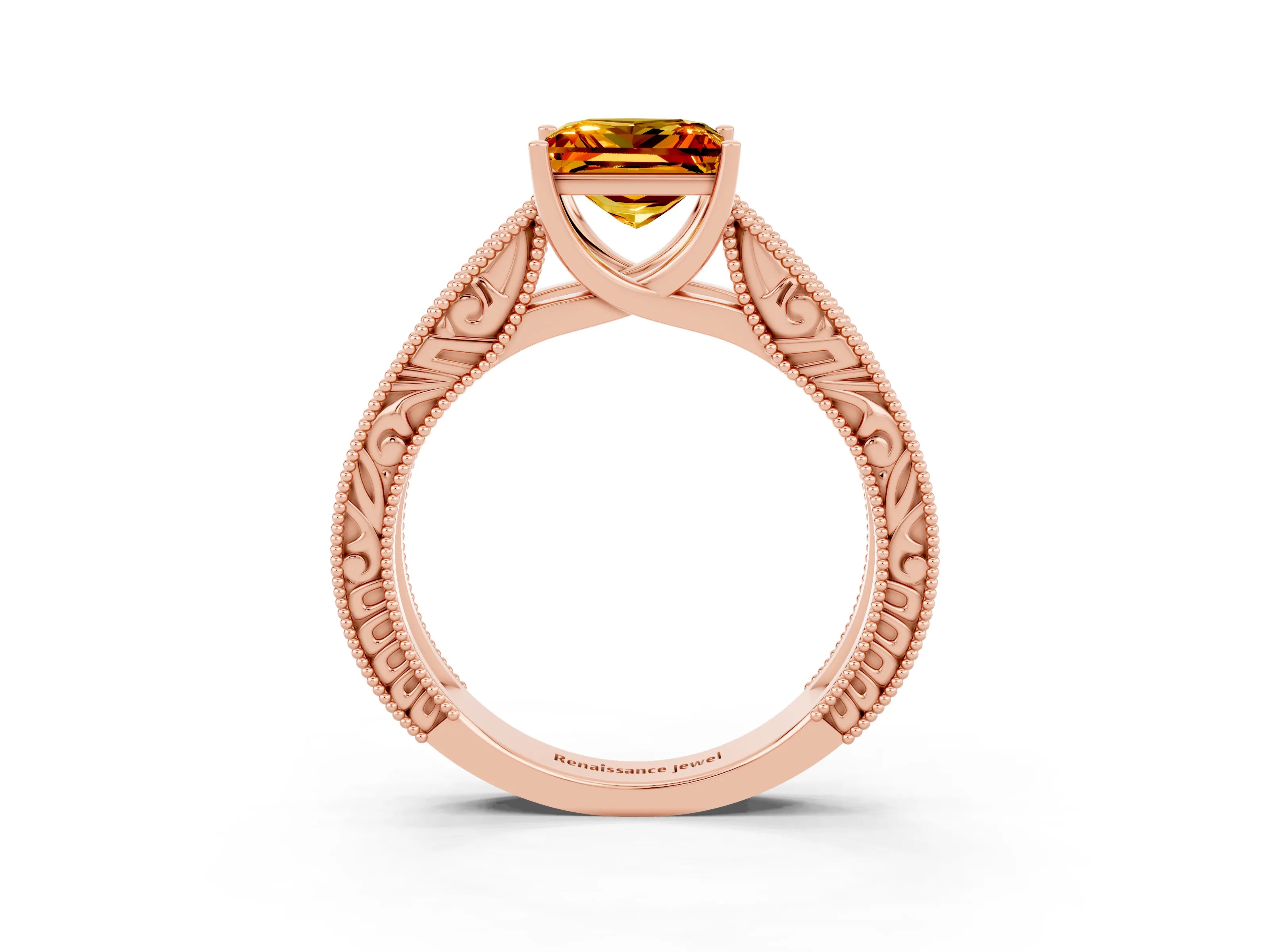 Rose gold Princess Cut Citrine Solitaire Ring with Engraved Band and Four-Prong Setting_3