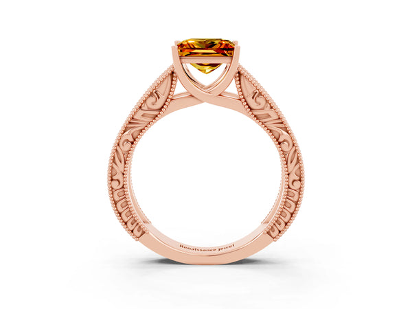 Rose gold Princess Cut Citrine Solitaire Ring with Engraved Band and Four-Prong Setting