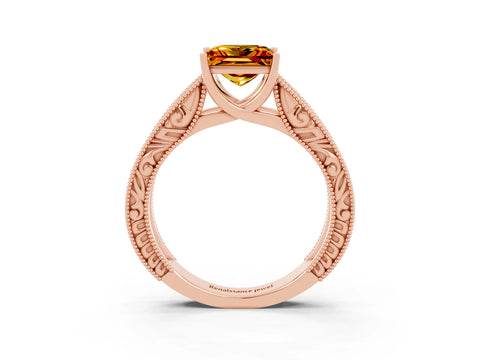 Rose gold Princess Cut Citrine Solitaire Ring with Engraved Band and Four-Prong Setting_3
