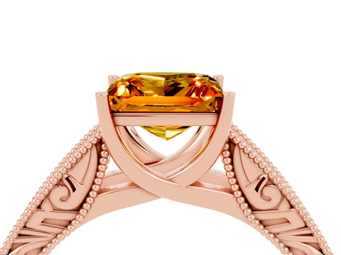 Rose gold Princess Cut Citrine Solitaire Ring with Engraved Band and Four-Prong Setting_4