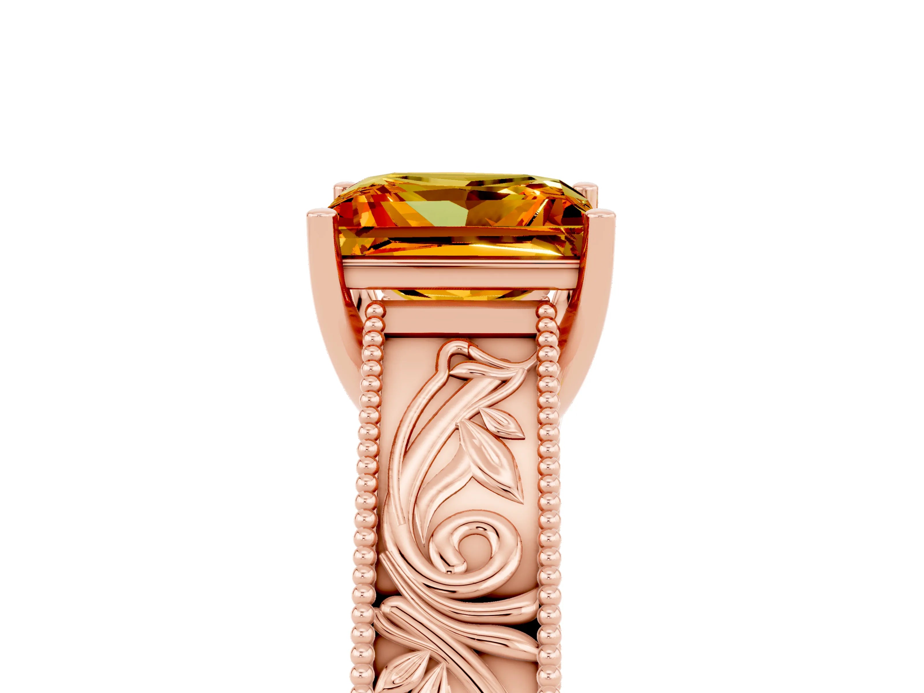Rose gold Princess Cut Citrine Solitaire Ring with Engraved Band and Four-Prong Setting_5