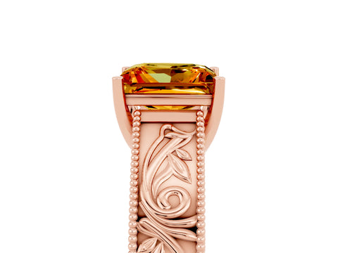 Rose gold Princess Cut Citrine Solitaire Ring with Engraved Band and Four-Prong Setting_5