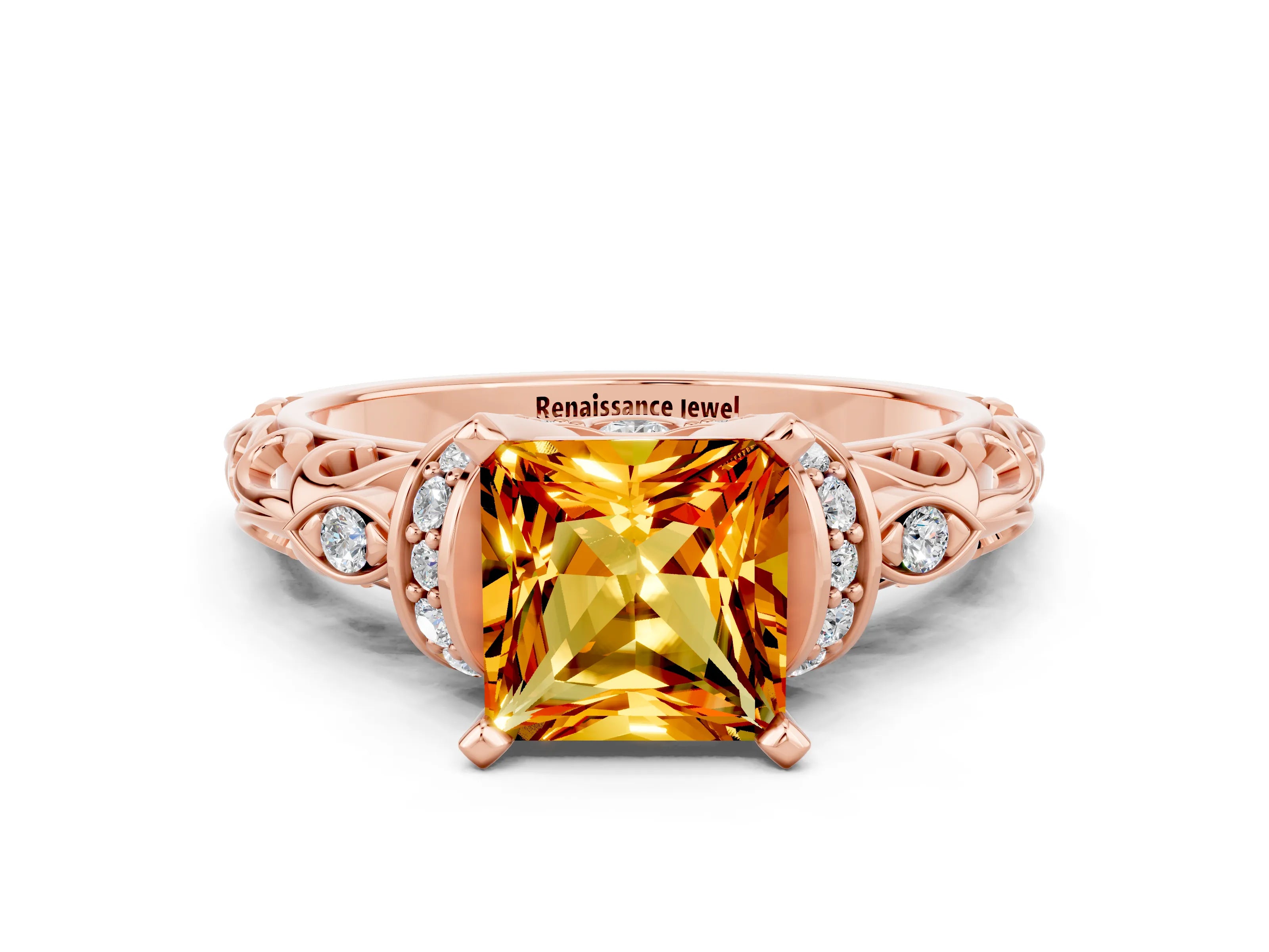 Rose gold Princess Cut Citrine Solitaire Ring with Filigree Band and Four-Prong Setting_24