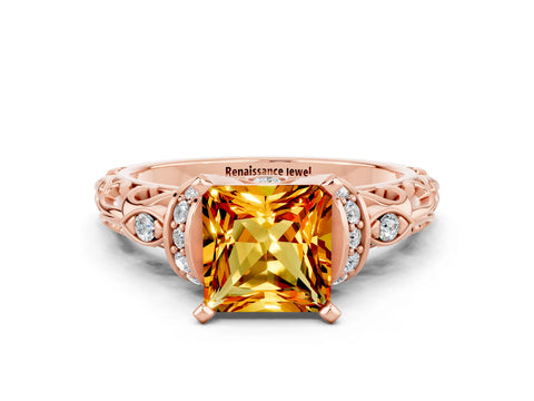 Rose gold Princess Cut Citrine Solitaire Ring with Filigree Band and Four-Prong Setting_24