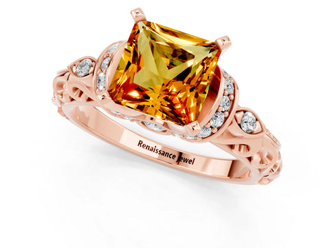 Rose gold Princess Cut Citrine Solitaire Ring with Filigree Band and Four-Prong Setting_25