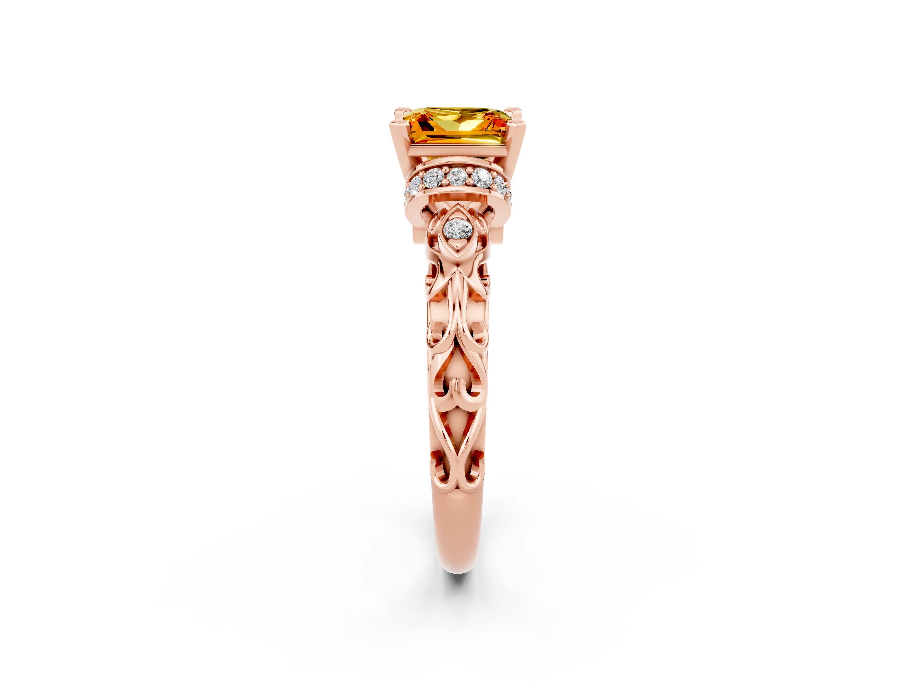 Rose gold Princess Cut Citrine Solitaire Ring with Filigree Band and Four-Prong Setting_26