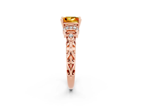 Rose gold Princess Cut Citrine Solitaire Ring with Filigree Band and Four-Prong Setting