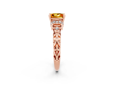 Rose gold Princess Cut Citrine Solitaire Ring with Filigree Band and Four-Prong Setting_26